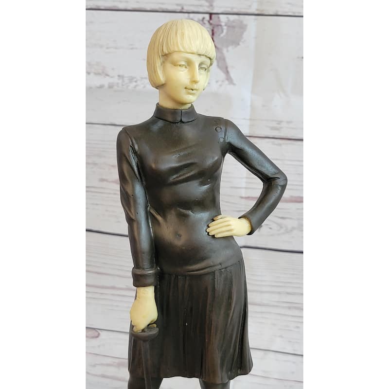 Hot Cast Bronze W/ Resin Head Hands - Female Fencer Sculpture On Marble Base