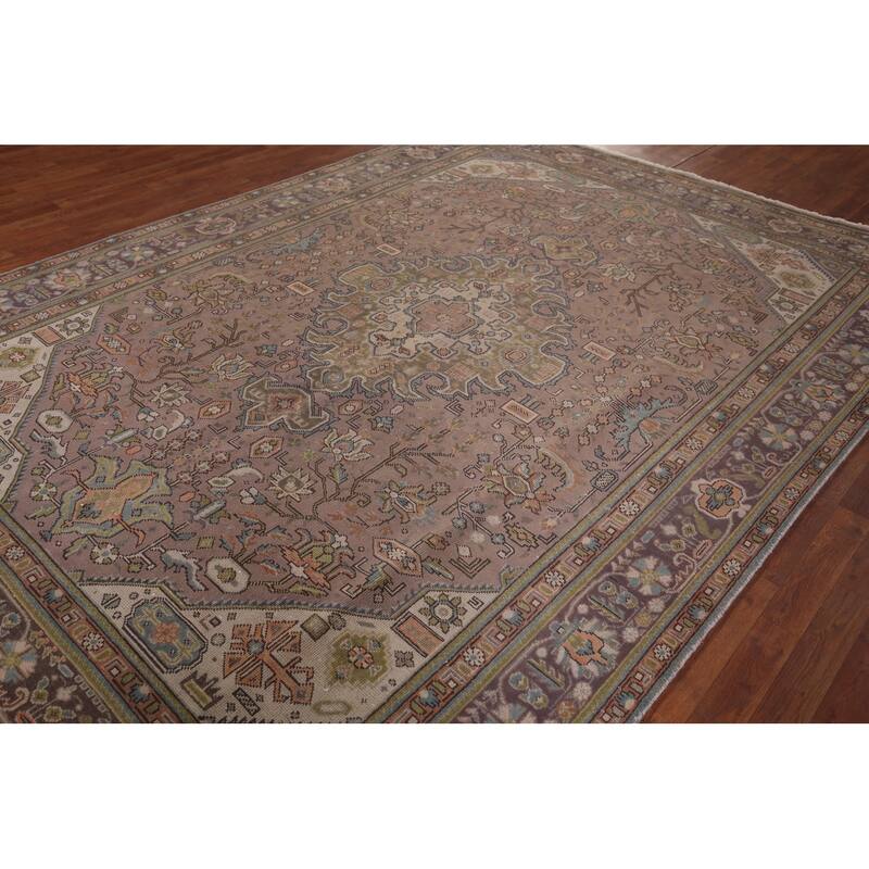 Traditional Tabriz Persian Vintage Rug Hand-Knotted Brown Wool Carpet - 7'6"x 11'1"