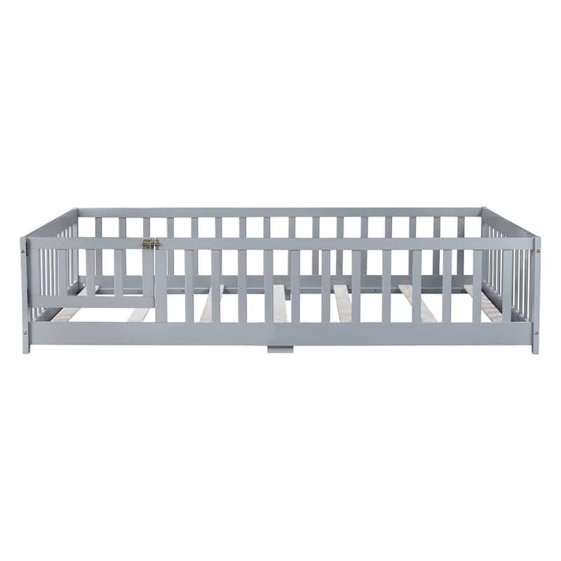 Full Size Floor Bed with Fence and Door,Rubber Wood Floor Bed with Safety Guardrails