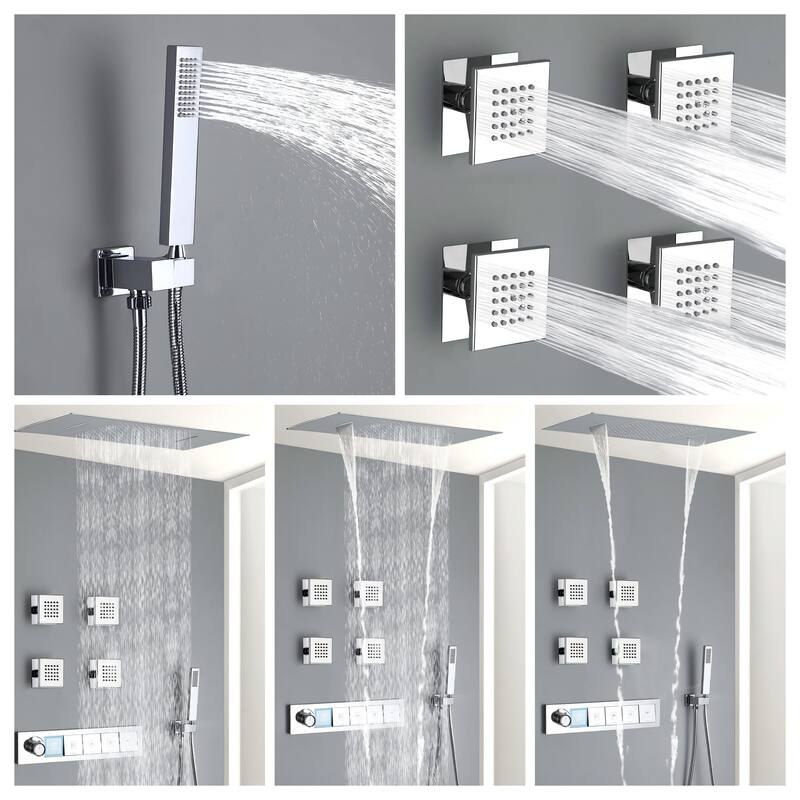 Modland Square Digital Rain and Waterfall Shower System with High-pressure Handheld Showerhead & 4 Massage Jets