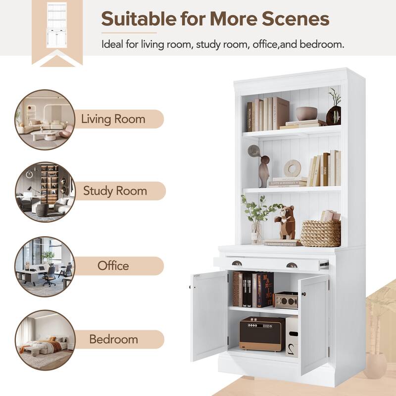 Tall Bookshelf Suite,Modern Bookcase Suite 2-Piece Set Storage Bookcase 2 Drawer and Open Shelves,for Home Office,White