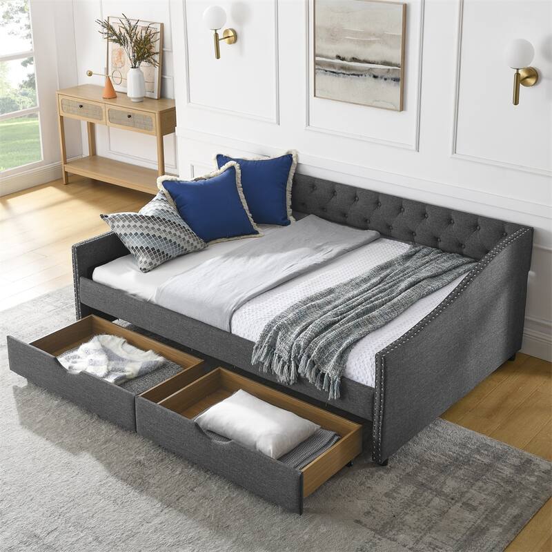 Full Size Upholstered Tufted Daybed with Drawers and Copper Nail