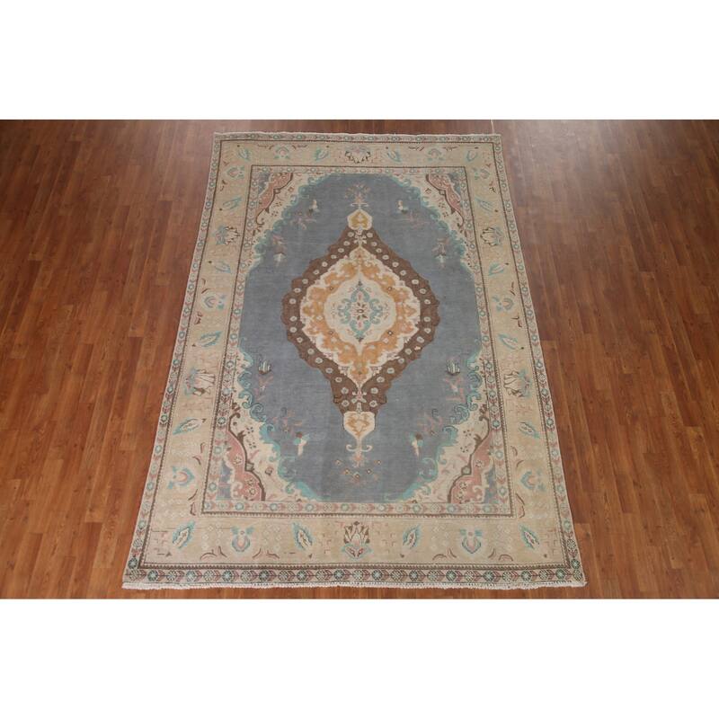 Medallion Geometric Tabriz Persian Vintage Rug Handmade Wool Carpet - 6'6" x 9'6"