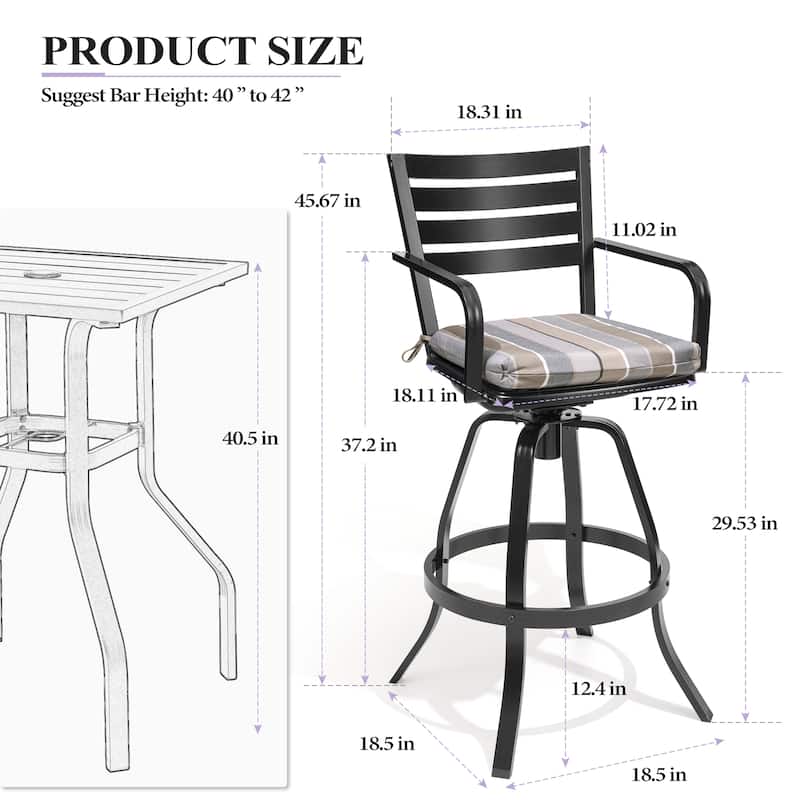 Crestlive Outdoor Cast Aluminum Swivel Bar Stool with Sunbrella Cushion - 18.5" W x 18.5" D x 45.67" H