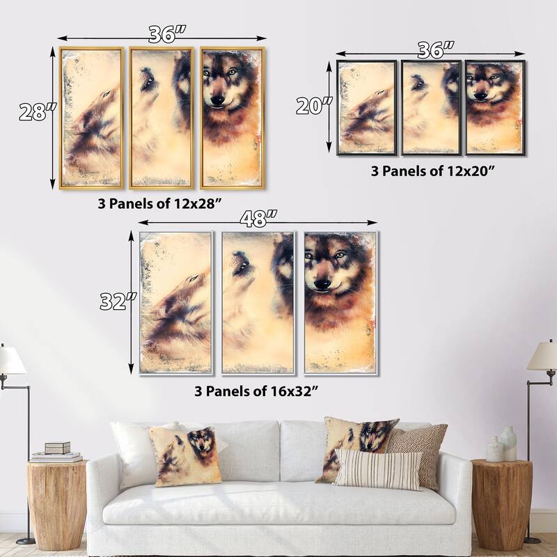 Designart "Howling Wolf" Animal Framed Canvas Wall Art Set of 3 4