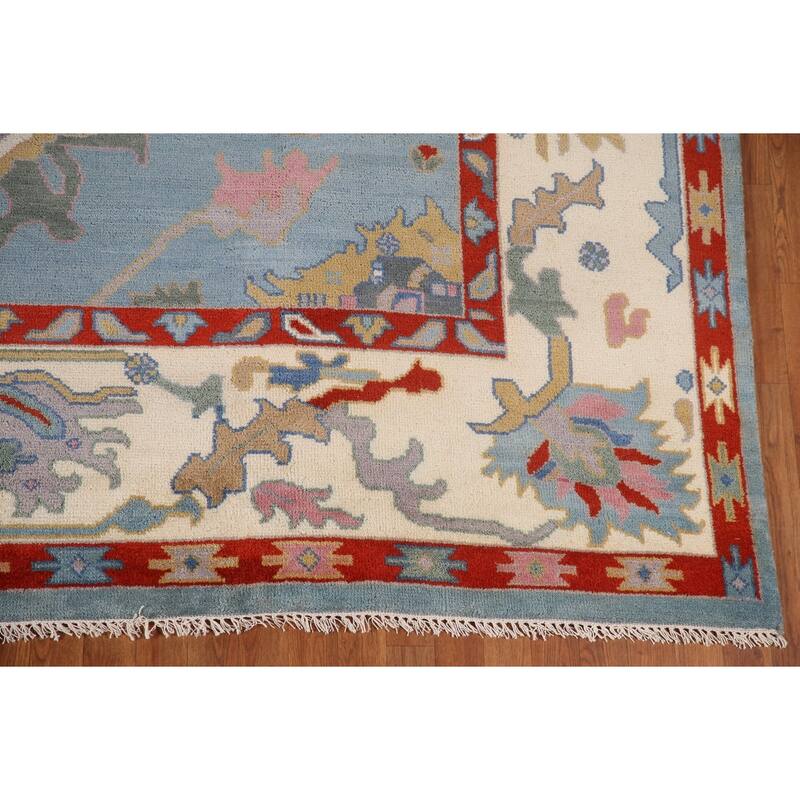 Light Blue Oushak Area Rug Hand-Knotted Floral Wool Carpet - 8'11"x 11'8"