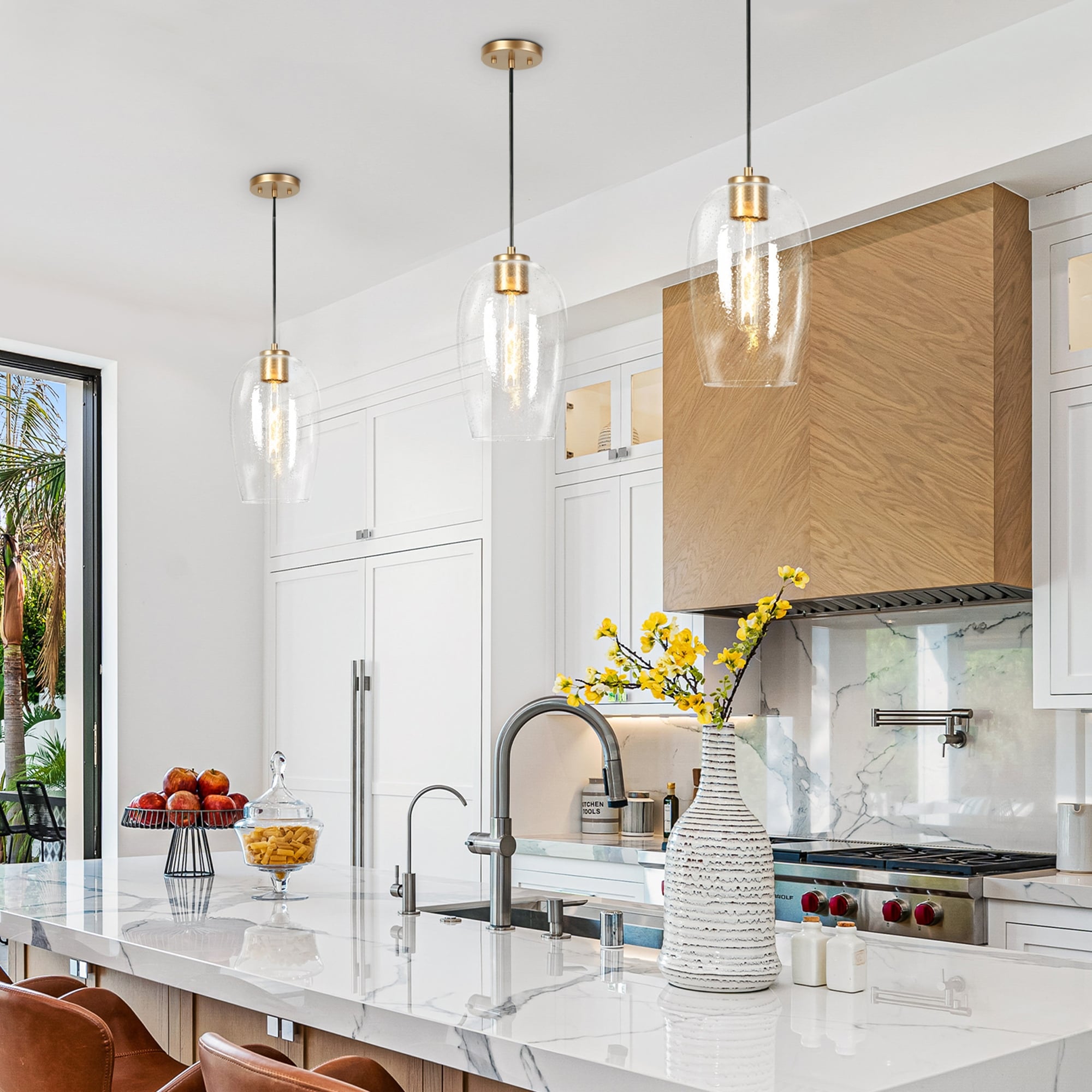 LALUZ Modern Gold 1-Light Seeded Glass Pendant Light for Kitchen Island Dining Room - D 6.9" x H 12"