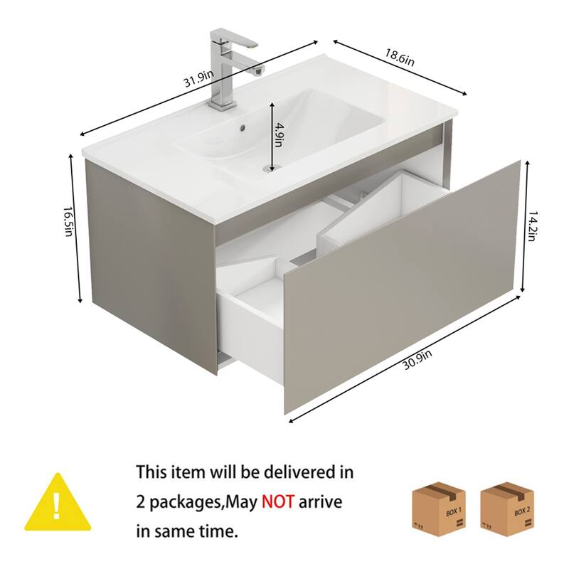 Wall-Mounted Bathroom Vanity, Floating Single Drawer Cabinet, 32 Inch Integrated Ceramic Sink