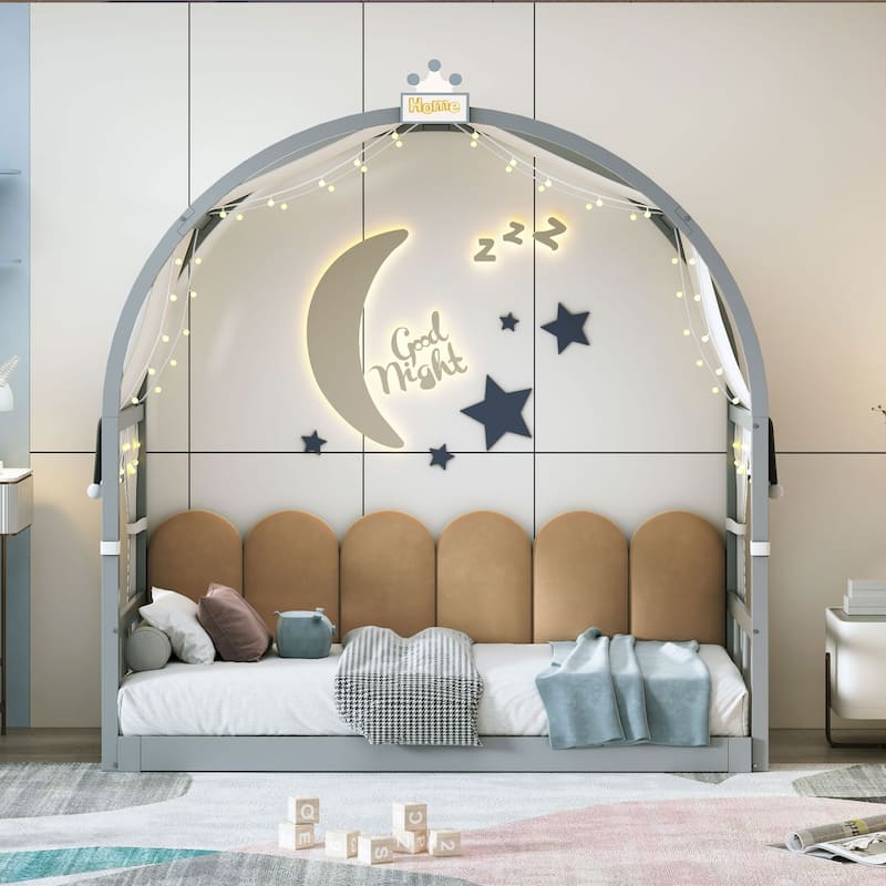 Wood Twin Size Bed Frame with Arched Roof, Floor Bed with Light and Curtain, Pull-out Kids Bed for Girls Boys Bedroom