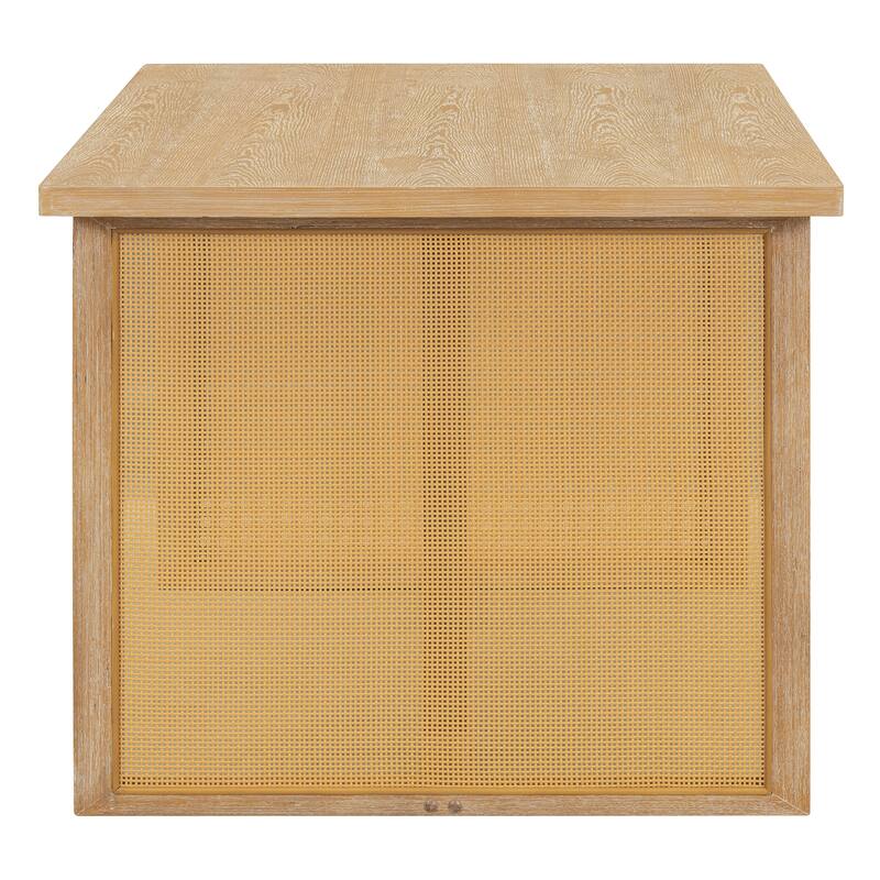 7-Piece Farmhouse Dining Table Set with Distressed Oak Veneer and Upholstered Rattan Chairs for Gatherings