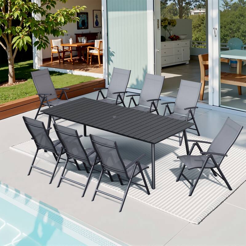 Outdoor Rectangle Aluminum Dining Table with Umbrella Hole with Durable Adjustable Reclining Folding Chair
