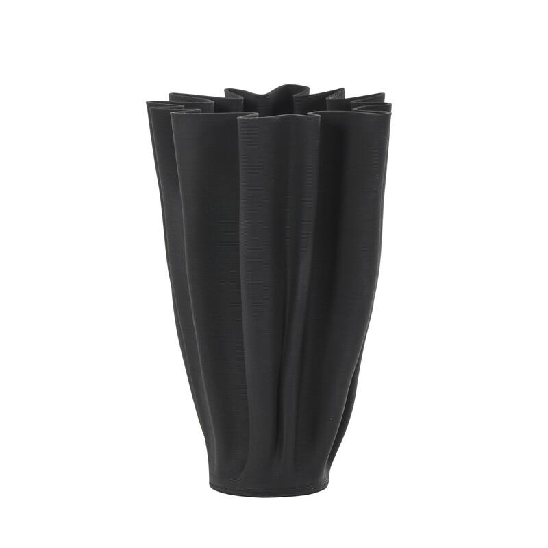 Ceramic Abstract Dimensional Ribbed Tulip Decorative Vase with Angular Rim - Black - Roche River Decor
