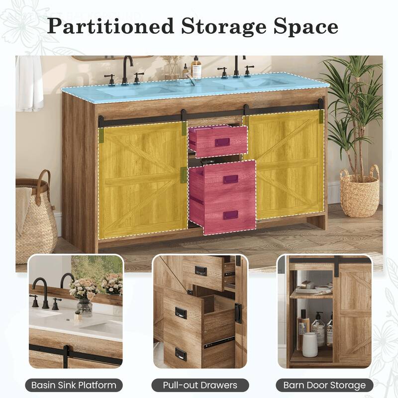 EROMMY Farmhouse Bathroom Vanity with Ceramic Top and Sliding Barn Door Sink Cabinet