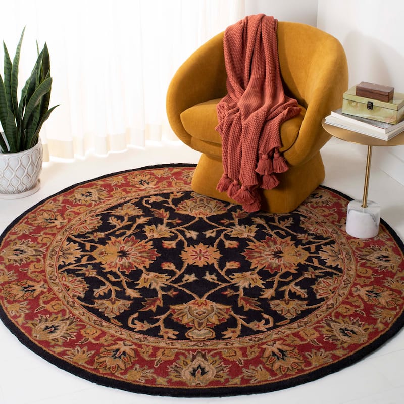 SAFAVIEH Handmade Heritage Burkhild Traditional Oriental Wool Rug - 6' Round - Black/Red