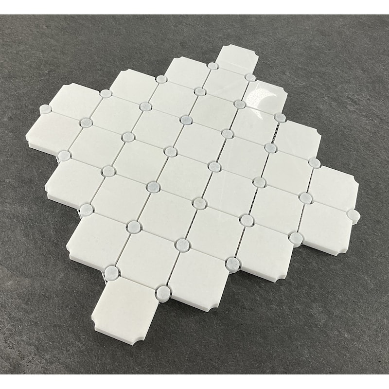 Thassos White Diamond with Blue Celeste Circle Marble Mosaic Wall & Floor Tile - 1 Case (10 Sheets)