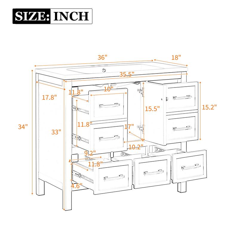 GDFStudio - Rivinia Modern Freestanding Bathroom Vanity Set with Resin Sink and 5 Drawers & Soft Closing Doors - 36'W