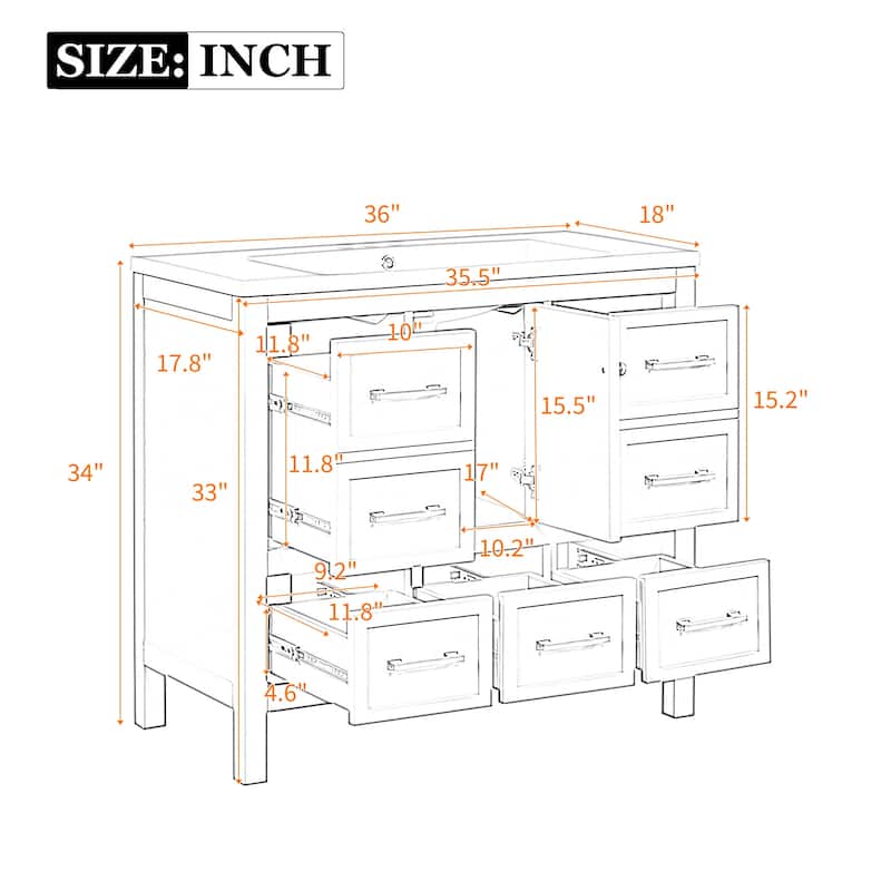 Roomfitters 36" Vanity with Resin Sink, Solid Wood Cabinet with 5 Drawers and Soft Closing Doors, Freestanding Storage Set