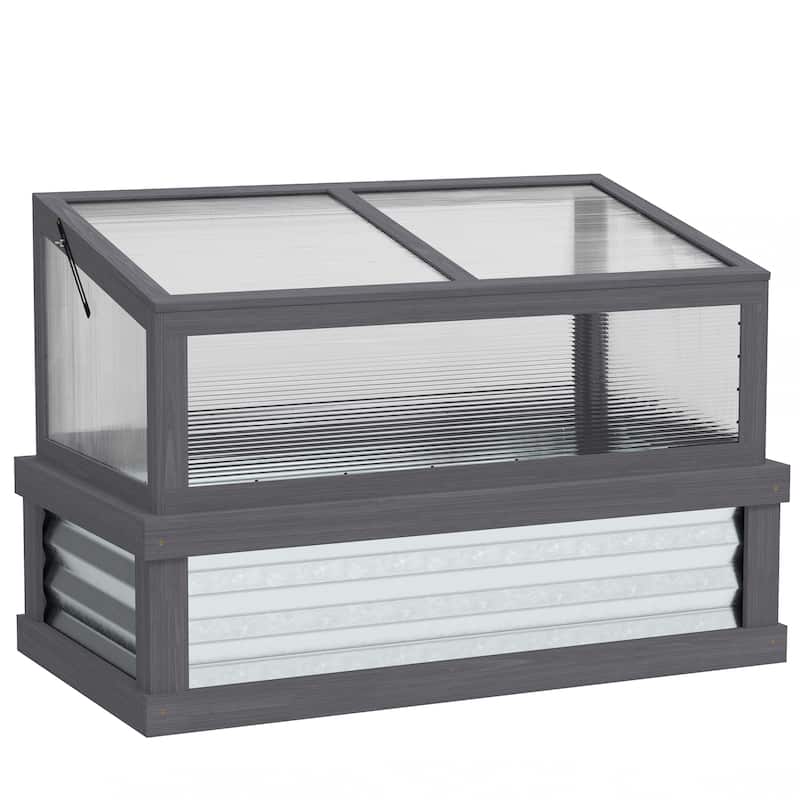 Outsunny Raised Garden Bed with Polycarbonate Greenhouse, Lean-to Garden Wooden Cold Frame Greenhouse