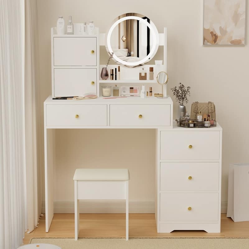 White LED Makeup Vanity Set with Mirror, Table & Cushioned Chair - 3 Adjustable Lighting Modes