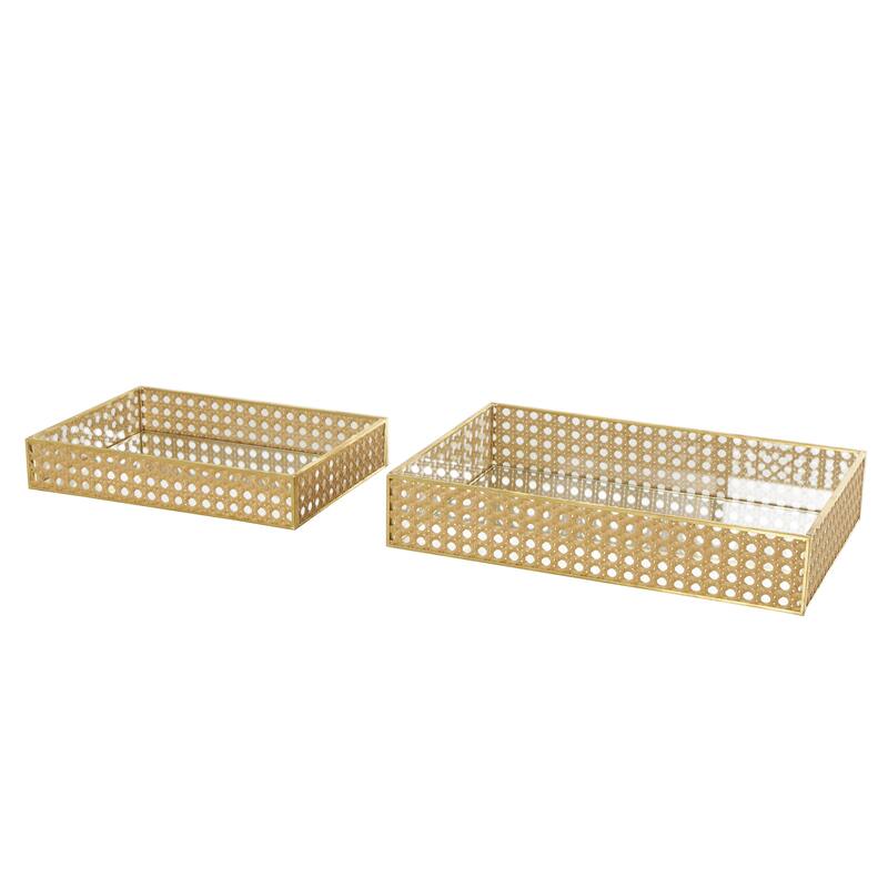 Rattan Woven Living Room Decor Tray with Mirrored Glass Interior - Set of 2 Brown - Roche River Decor