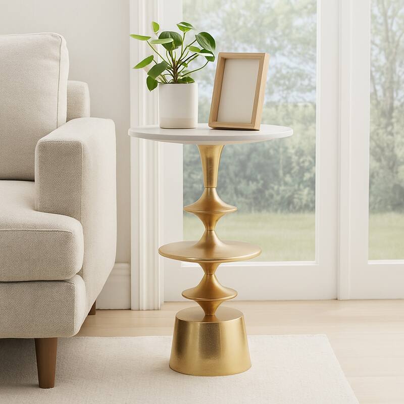 Accent Side Table with Polished Marble Top and Curved Base - 25"