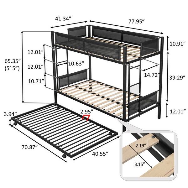 Twin over Twin Metal Bunk Bed for Three with Space-Saving Trundle, Black