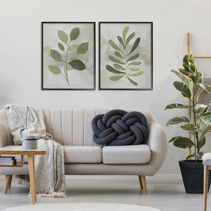 Stupell Green Leaf Branches on Grey Framed Giclee Art Design By Lanie Loreth (Set of 2)