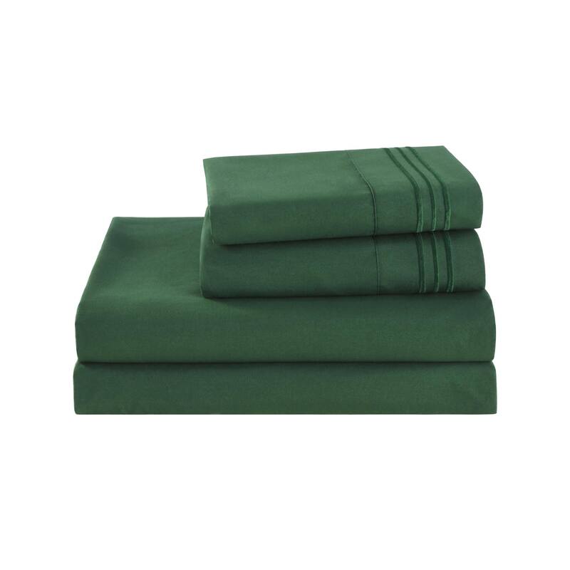 3/4 Pcs Soft Solid & Embroidery Bed Sheets Set - Queen - Dark Green