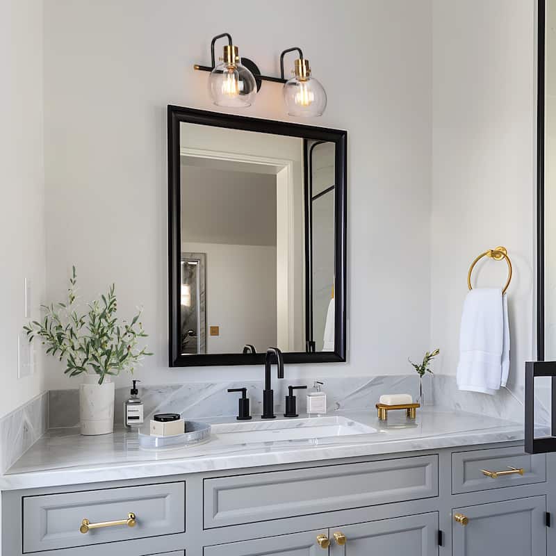 Modern 2-Light Black Gold Bathroom Vanity Light Wall Sconce with Clear Glass - 14.5" L x 8" W x 8.5" H