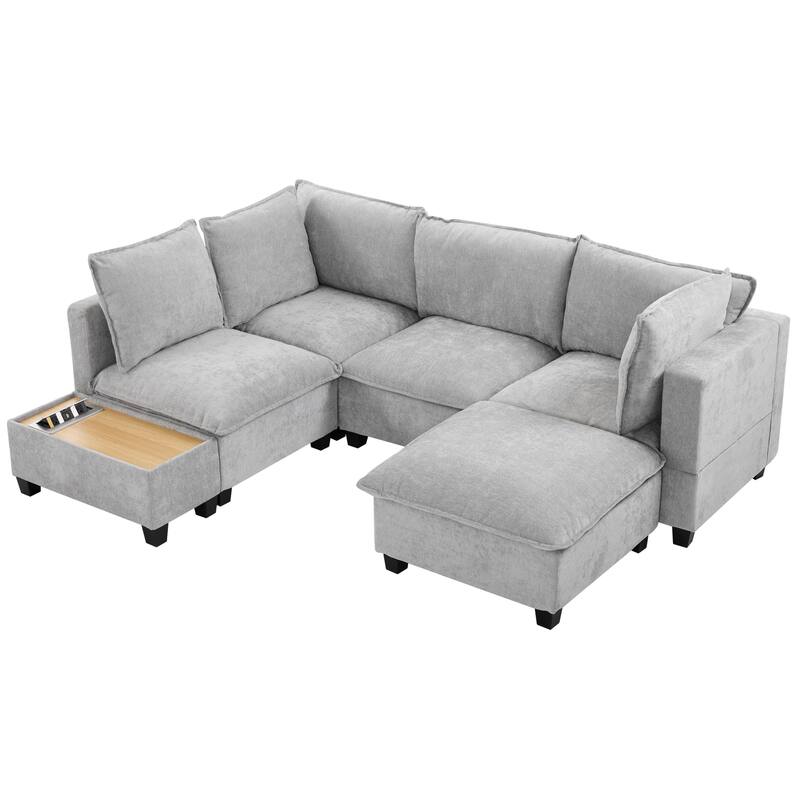 U-Shaped Sectional Sofa with Ottoman, Coffee Table with Hidden Charging Devices, Oversized Chenille Upholstered Cloud Sofa