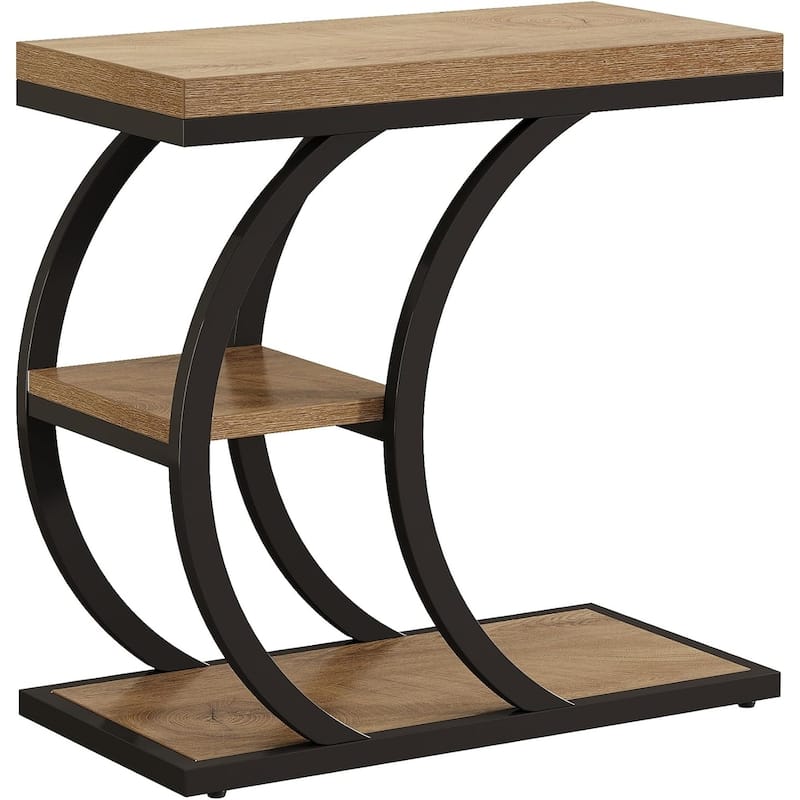 3-Tier Industrial Wood Couch C-Shaped End/Side Table for Living Room, Narrow Nightstand for Bedroom, Small Spaces