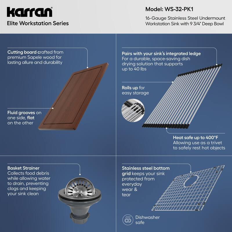 Karran Elite WS-32-PK1 Undermount 23" Single Bowl Stainless Steel Workstation Kitchen Sink