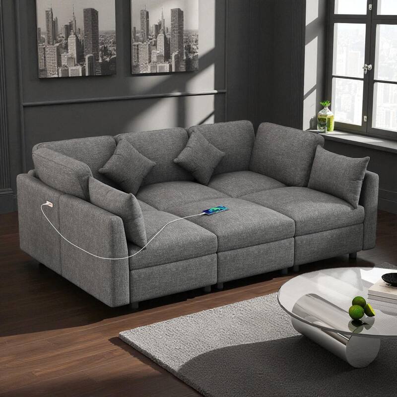86.6" Modular Sectional Sofa U-Shaped Couch with Movable Ottoman USB Ports Chenille Sofa Bed for Living Room