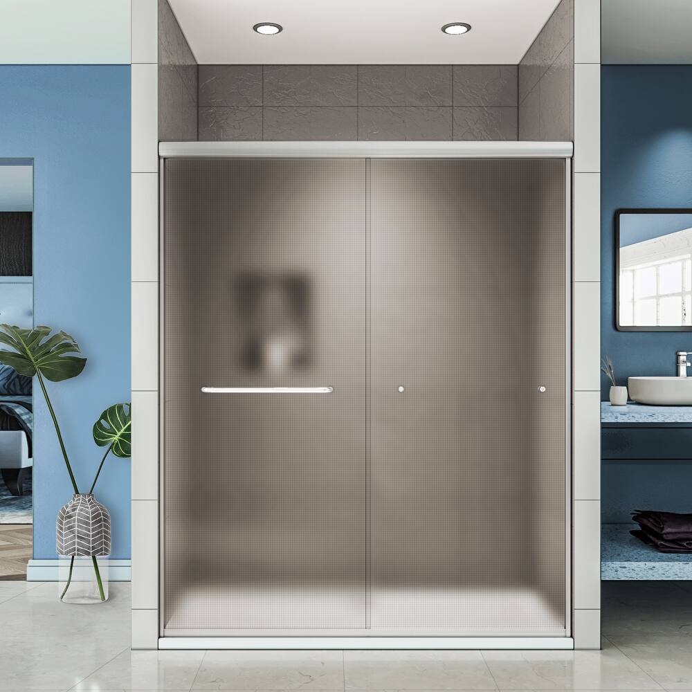 Elegant 60 in. W x 72 in. H Double Sliding Shower Doors wiith Frosted Glass in Brushed Nickel Finish - 60'' x 72''