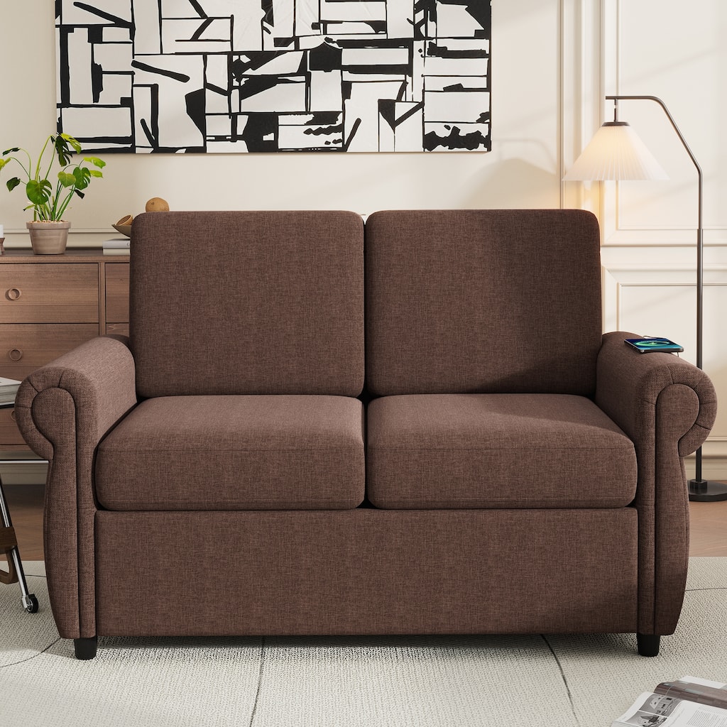 Brown Pull Out Sofa Bed Loveseat Sleeper Sofa Couch with USB Ports, Convertible Couch Settee for Living Room