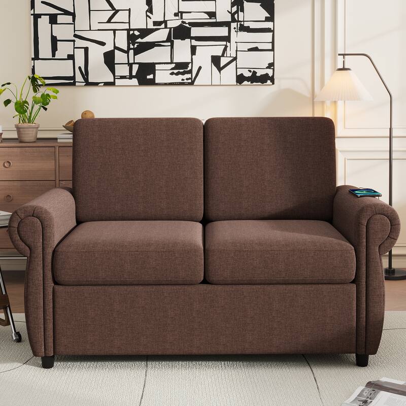 Roomfitters 57.9" Pull-Out Sleeper Sofa Loveseat with Twin Size Memory Foam Mattress, Two USB Charging Ports