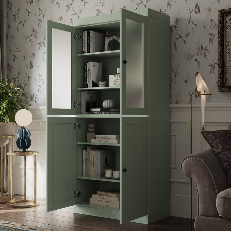 Palace Imports 100% Solid Wood 6-Shelf Bookcase with Frosted Glass and Shaker Doors and Adjustable Shelves - Sage