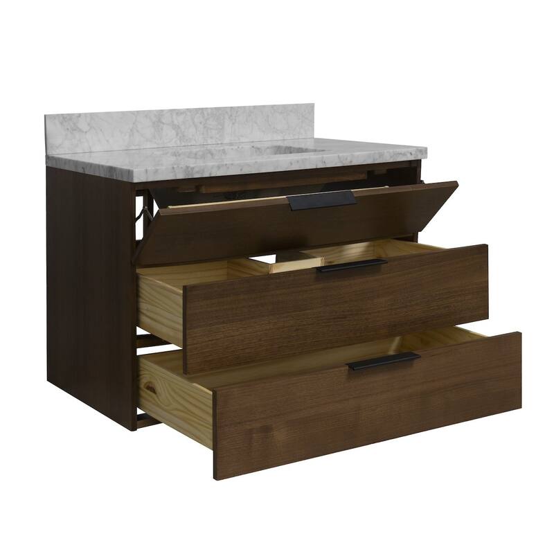 KitchenBathCollection Oslo 36" Floating Wall-Mounted Bathroom Vanity with Carrara Marble Top