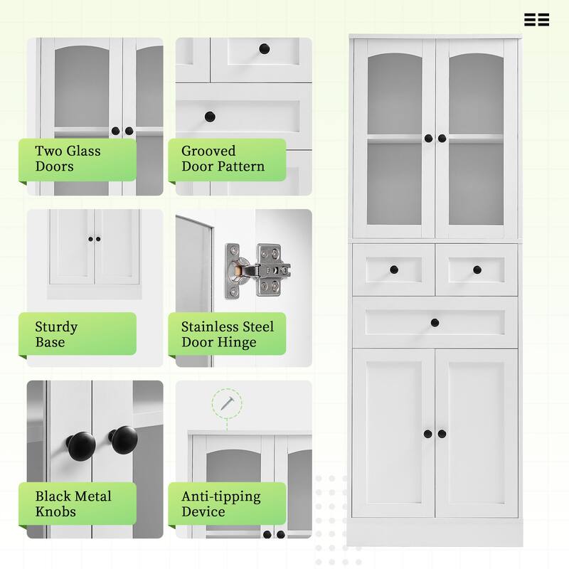 Adjustable Storage Cabinet with Above Glass Door Cabinet and Below Wooden Door Cabinet, Tall Bathroom Cabinet with 3 Drawers