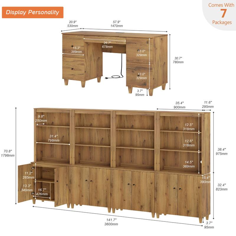 WAMPAT Home Office Furniture Set, 58" Executive Desk with Drawers, 4-Column 71" Tall Bookcase with Doors and Adjustable Shelves
