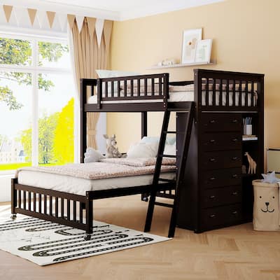Wooden Bunk Bed With 6 Drawers and Flexible Shelves, Bottom Bed With Wheels