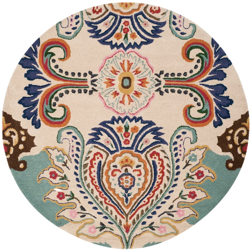 SAFAVIEH Handmade Bella Manjulata Floral Wool Rug - 7' Round - Ivory/Teal