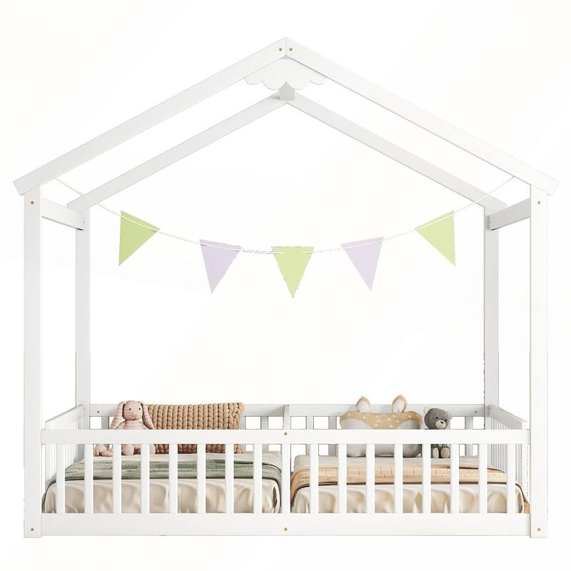Double Twin House-Style Floor Bed with Fence