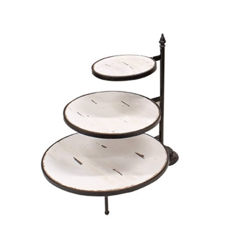3-Layer Whitewashed Wood and Black Metal Stand, Rustic Rotating Display for Home and Kitchen - 18"H x 20"Dia