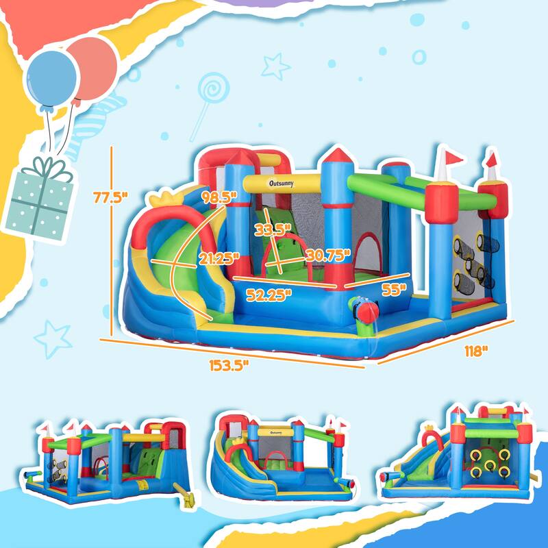Outsunny 6-in-1 Inflatable Bounce House with Slide, Climbing Wall, Inflatable Water Slide for Kids with 2 Min