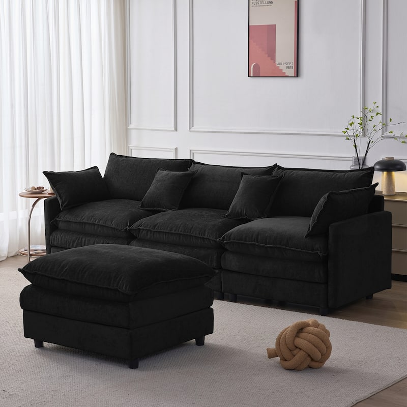 Upholstered Soft Chenille Fabric Sofa,3 Seater with Ottoman L Shape Sofa