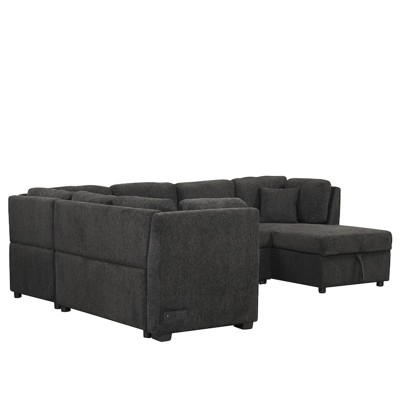 Roomfitters U-Shaped Sectional Sofa Pull-Out Bed with USB Ports, Power Sockets, Three Back Pillows, and Storage Chaise