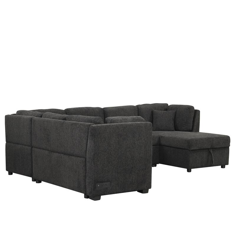 U-shaped Sectional Sofa Pull out Sofa Bed with Two USB Ports, Two Power Sockets, Three Back Pillows and a Storage Chaise