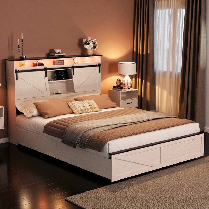 Farmhouse Full/Queen Bed Frame with Storage Headboard, Drawers, Charging Station and RGB LED Lights, MDF and Steel Platform Bed