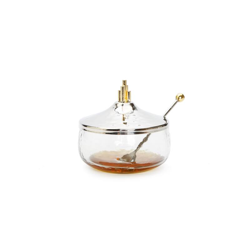 Honey Dish w/ Stainless Steel Lid and Gold Symmetric Design - Gold
